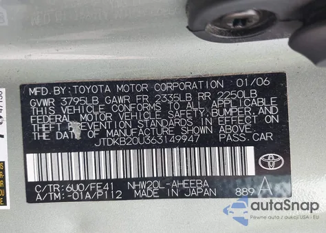 2006 Toyota Prius z USA, uszkodzony, nr VIN JTDKB20U363149947